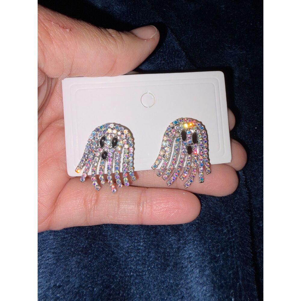 New AB Rhinestone Ghost Stud Earrings Halloween Silver Tone NEW